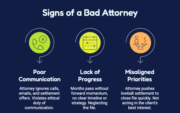 Signs of a bad attorney and What to Do if You're Unhappy with Your Current Lawyer.